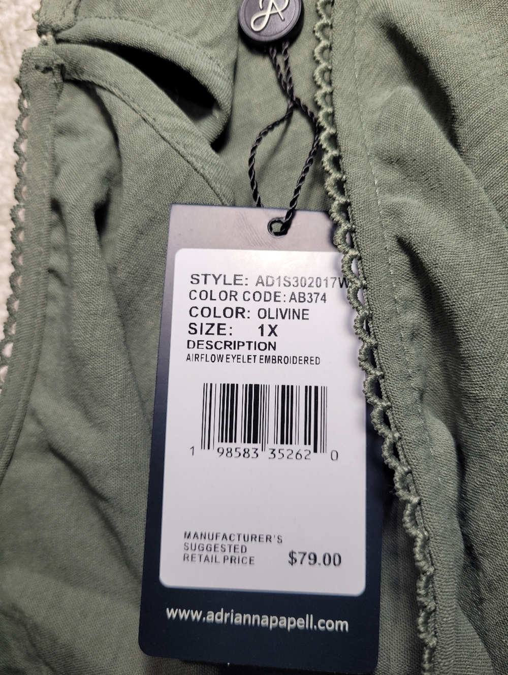 NWT Adrianna Papell Olive Green Puff Sleeve Top Scalloped Eyelet Hem 1X - Picture 11 of 16